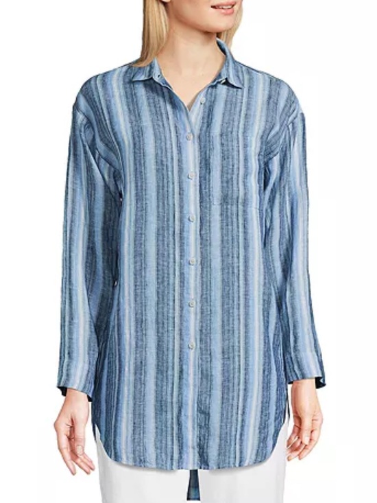Lands' End Tops - Lands’ End 100% Linen Tunic Shirt Blue Striped Oversized Beachy Coastal Size L